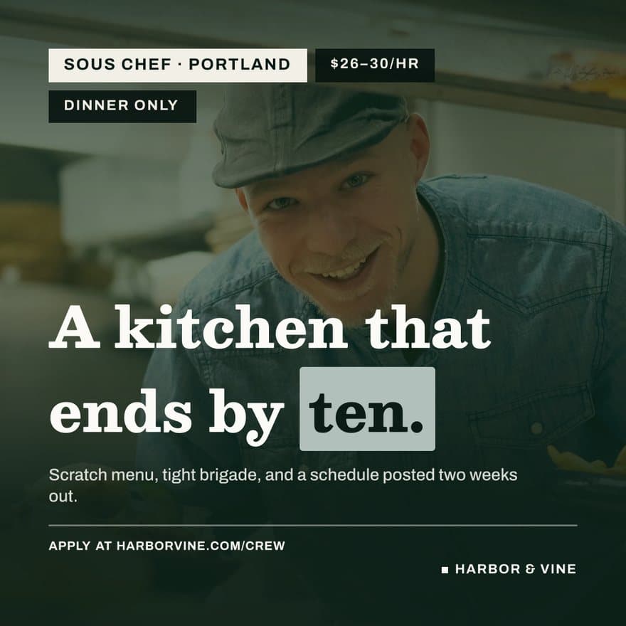 A hiring card Verably designed: sous chef role with pay, schedule, and apply link